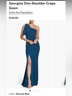 NWT $248 Dress the Population Peacock Blue One-Shoulder Crepe Gown w/ Big Bow.
